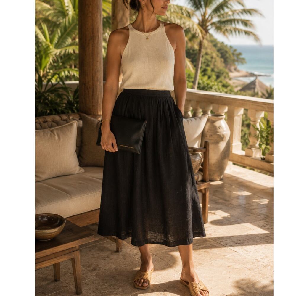 Vintage Bugardi Black 100% Linen Pleated Midi Skirt Pockets Minimalist size M - Picture 3 of 10